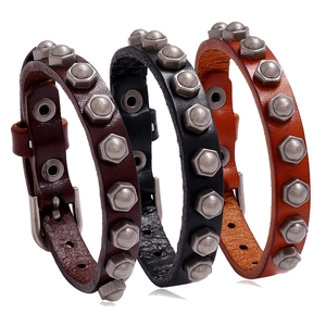 Vintage Rindsleder Nieten Armband Punk Industrial Sechskant Bolzen Legierung Armreif Für Damen Herren Handgefertigter Schmuck