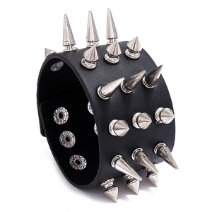 Punk Wide Leather Bracelet For Men Women Silver Spike Studded Rock Gothic Adjustable PU Leather Wristband Party Jewelry
