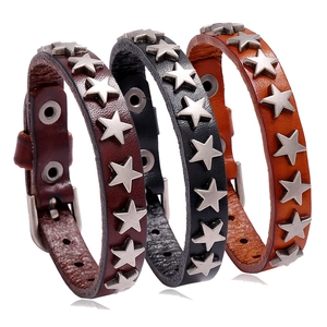 Punk Retro Cowhide Leather Bracelet With Metal Star Rivets Adjustable Unisex Wristband For Men Women Hip Hop Style Jewelry