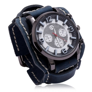 Montre à quartz vintage pour homme avec large bracelet en cuir bleu et grand cadran noir