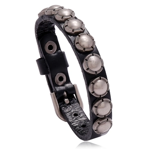 Retro punk black leather bracelet with silver metal rivets and adjustable pin buckle
