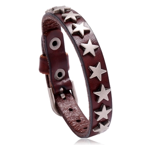 Retro punk dark brown leather bracelet featuring silver metal star studs and a buckle