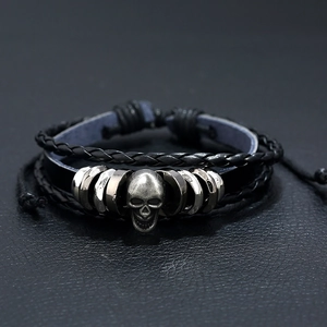 Men's punk leather multi-layer beaded bracelet with vintage silver skull charm