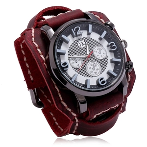 Montre manchette en cuir marron rétro punk pour homme avec grand cadran en métal noir