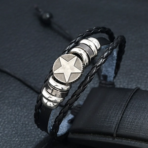 Men's vintage multilayer braided leather bracelet with star charm and metal beads