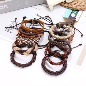 Set da 9 pezzi di bracciali vintage in pelle intrecciata per uomo con corde regolabili
