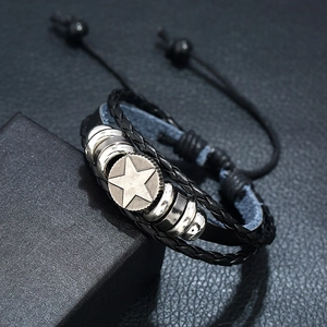 Multilayer black leather bracelet with silver star pendant and woven rope design