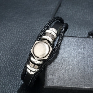 Handmade woven black leather multi-layer bracelet with silver hexagonal metal buckle for men