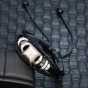 Herren Punk mehrlagiges geflochtenes schwarzes Lederarmband mit silberner Metallschnalle
