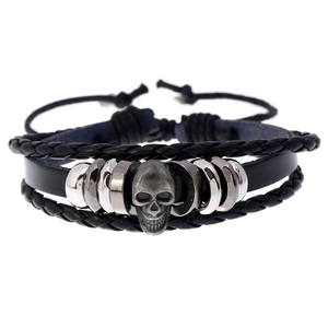 Men Vintage Punk Multilayer Black Leather Skull Bracelet Handmade Braided Beaded Adjustable Wrap Bracelet Jewelry Gift