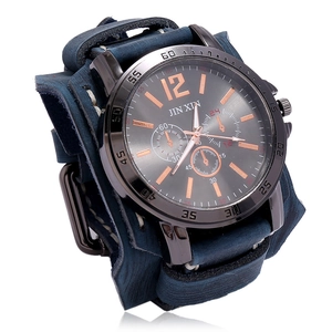Retro punk men's oversized watch with wide navy leather cuff and contrast stitching