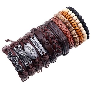 Bracelet Multicouche en Cuir Tissé Rétro pour Hommes Femmes Avec Perles en Bois Alliage Moto Believe Charme Bijoux Punk