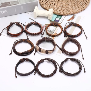 Lot de 9 bracelets punk en cuir vintage avec designs tressés multicouches et rivets décoratifs