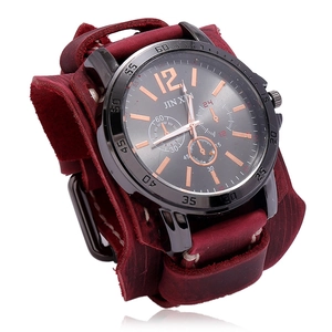 Vintage wide red leather cuff watch with manual stitching and black punk style dial
