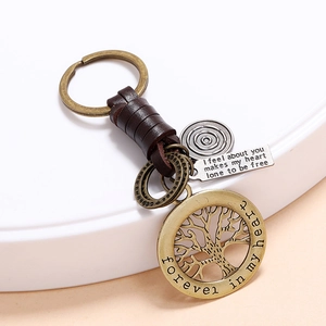Handmade bronze tree of life leather keychain with engraved heart metal pendants