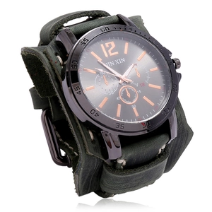 Retro punk style dark green leather watch for men with black metal case and white stitching