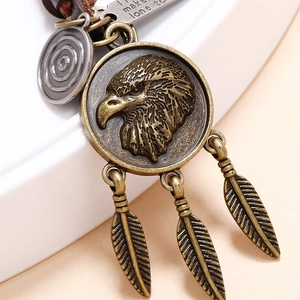 Vintage bronze eagle pendant keychain with feathers and woven leather strap for men