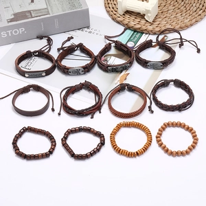 Coffret de 12 bracelets hiphop en cuir tressé rétro pour hommes de styles vintage divers