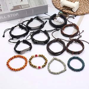 12Pcs vintage leather bracelet set with wooden beads and mixed metal pendants