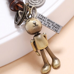 Retro bronze rabbit robot keychain with hand-woven leather strap and engraved metal tag