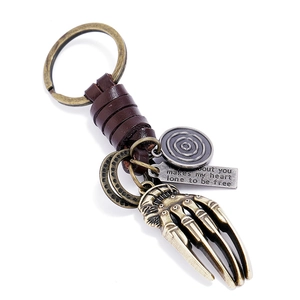 Vintage Punk Metal Skeletal Hand Keychain Braided Cowhide Leather Strap Bronze Finish Skeleton Claw Pendant Bag Charm Key Ring