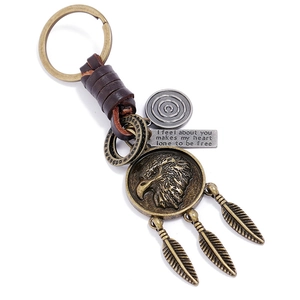 Retro Eagle Pendant Cowhide Keychain Hand Woven Antique Bronze Feather Key Ring For Car Motorbike Men Vintage Accessories Gift