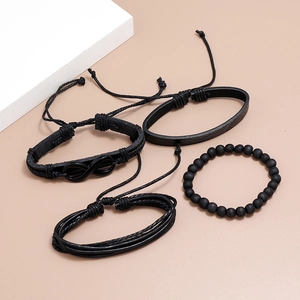 Set of 4 black vintage woven leather bracelets for men and women with infinity charm