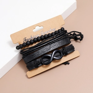 Multilayer black leather infinity charm bracelet set with matte beads on display card