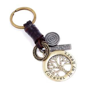 Vintage Handmade Cowhide Leather Keychain Alloy Tree of Life Pendant Retro Bronze Woven Keychain For Car Keys Men Women Gift