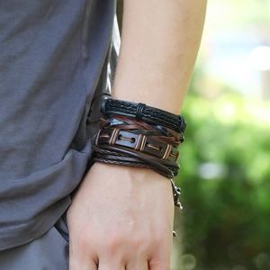 Vintage braided leather bracelet set for men with multilayered beads and punk style