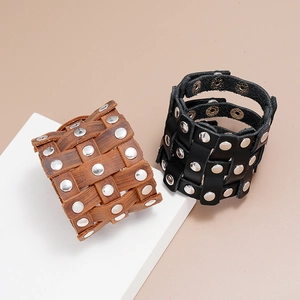 Vintage punk wide braided leather bracelets with silver studs in black and brown colors