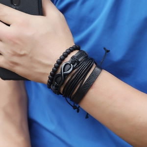 Men's multi-layer black braided leather bracelet set with infinity symbol charm