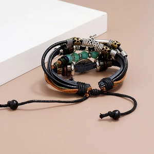 Multilayer leather beaded bracelet with blue evil eye and feather pendant for style
