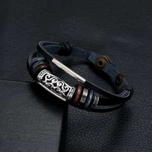 Retro multi-layer braided leather bracelet with hollow metal tube and wooden beads décor