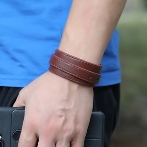 Brown multi-layer PU leather wrap bracelet for men with vintage punk style and stitching