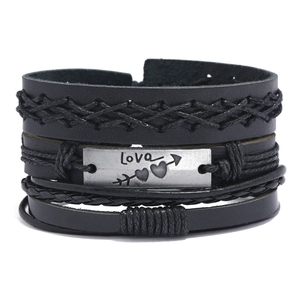 Ensemble de Bracelets Tissés en Cuir de Vache Multicouche Rétro Punk pour Hommes Femmes Plaque Métallique Cœur Flèche Réglable Bijoux