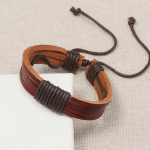 Handmade multilayer brown leather bracelet for men featuring bohemian woven rope detailing