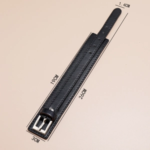 Detail view of multi-layer PU leather bracelet with silver buckle and size dimensions