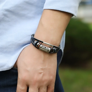 Men's multilayer woven leather bracelet with vintage silver-engraved metal tube and wood beads