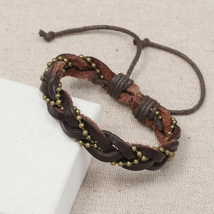 Retro braided dark brown leather bracelet with bronze beads and adjustable pull cord