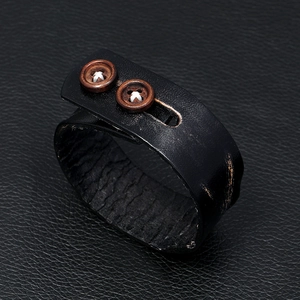 Retro punk black leather bracelet for men featuring vintage wood buttons and white stitching