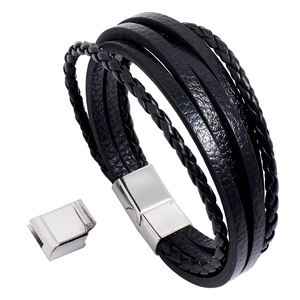 Pulsera de cuero trenzado multicapa para hombre con cierre magnético y extensión de metal