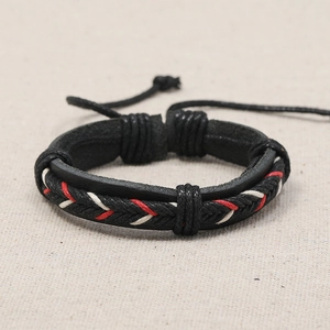 Retro multi-layer woven leather bracelet with adjustable cords in red and black