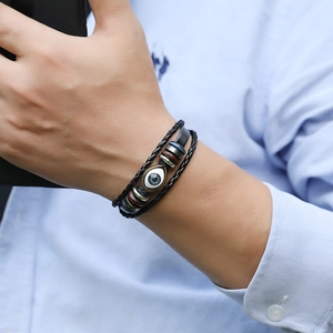 Men's retro multilayer braided leather bracelet with blue evil eye charm and metal beads