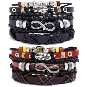 Vintage Woven Cowhide Leather Bracelet Multi Layer Bohemian Punk Jewelry With Feather Infinity Pendant For Men Women Gift