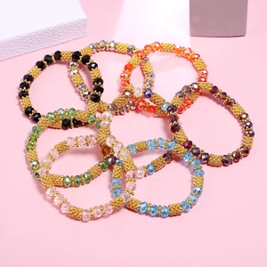 Colorful beaded elastic bracelet set with crystal facets and golden mesh beads for women