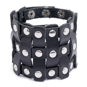 Vintage men's black leather punk bracelet with braided texture and silver rivets