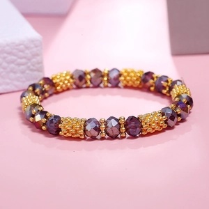 Detailed macro view of purple faceted crystal beads with textured gold spacer beads