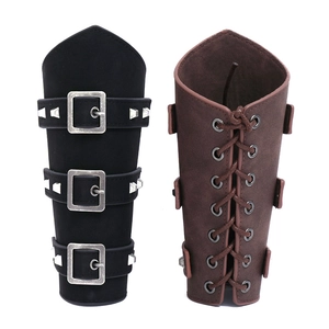 Medieval punk leather bracers with metal buckles and lace-up straps in black and brown