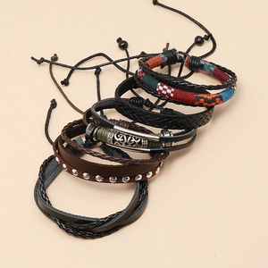 Lot de 5 bracelets punk en cuir vintage avec tissage ethnique et breloques métal